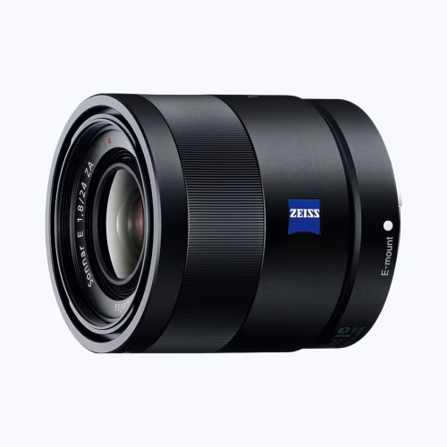 ZEISS camera lens for Sony E-mount, black cylindrical design with blue ZEISS logo on the side