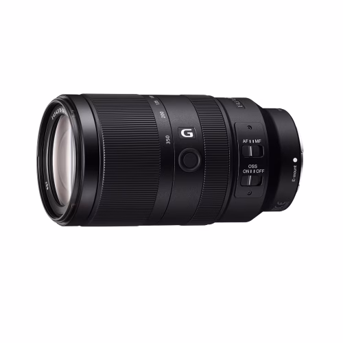 Black Sony G telephoto zoom lens with OSS switch and focus/zoom rings on a white background