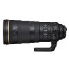 Black telephoto zoom lens with a gold accent ring and a built-in tripod collar, shown in profile. I