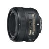 Side view of a Nikon AF-S NIKKOR 50mm f/1.8G camera lens with gold lettering on a black body (informative).