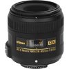 Nikon AF-S Micro NIKKOR 40mm f/2.8G DX lens close-up with the focus scale window and gold branding.