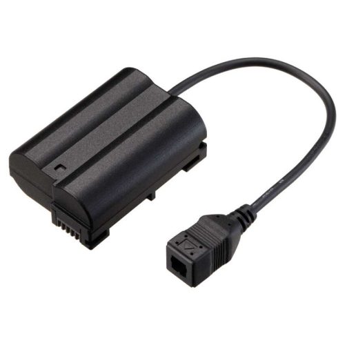 Black external battery pack with a short power cable and rectangular connector