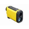 Yellow handheld laser range finder with dual front lenses for distance measurement