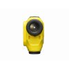 Front view of a yellow handheld laser level with a large circular lens and black bezel in the center.