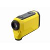 Yellow handheld laser distance meter with a large front lens and black adjustments on top, oriented diagonally against a white background (laser rangefinder).