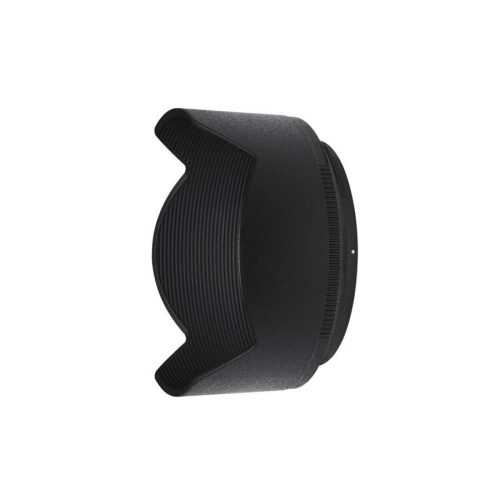 Black petal-shaped camera lens hood viewed from the side, used to block stray light from a lens.