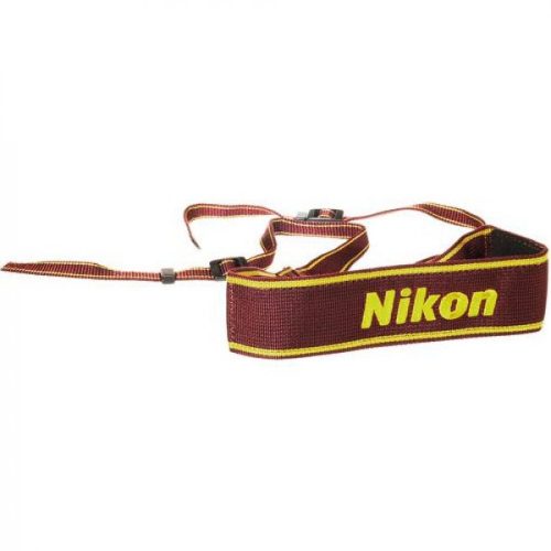 Maroon Nikon camera strap with yellow edging and logo on a white background