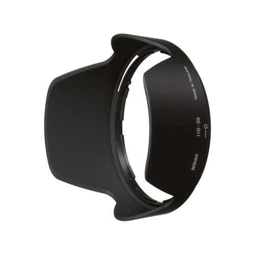 Black Nikon HB-39 lens hood, a curved shade accessory for a camera lens.