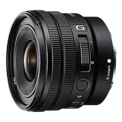 Close-up of a Sony E-mount G-series interchangeable lens with zoom and focus rings.