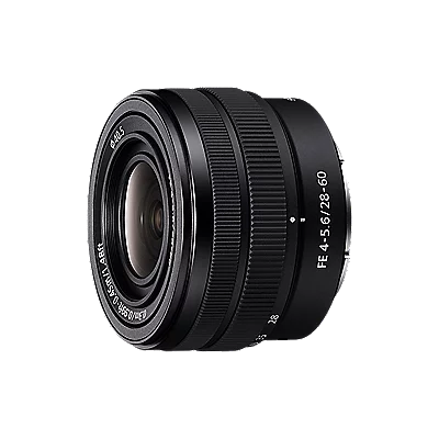 Black camera zoom lens with front element visible; barrel reads FE 4-5.6/28-60.