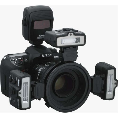 Nikon D200 DSLR with multiple external flash units mounted around the lens, on a white background.