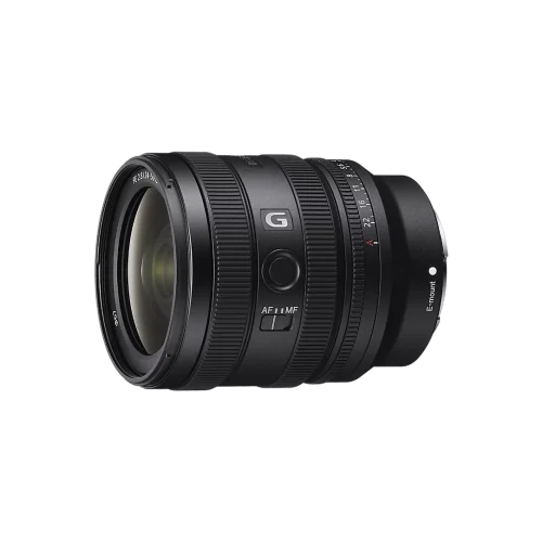 Black Sony G-series E-mount camera lens shown in profile with AF/MF switch and focus rings visible