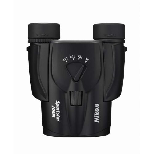 Black Nikon Sportstar Zoom binoculars facing forward with central focus wheel and adjustable eyepieces, brand visible on sides