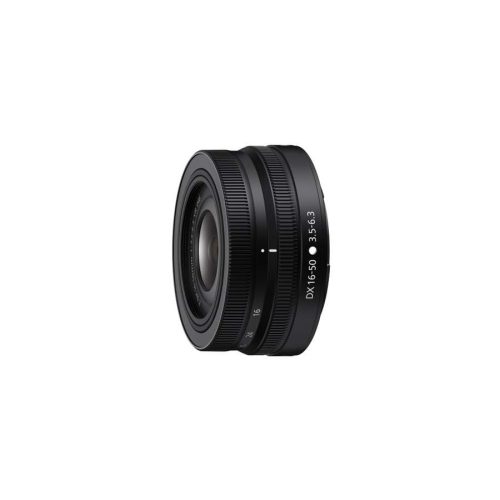 Close-up of a black camera lens showing zoom and focus rings (DX 16-50mm f/3.5-5.6)