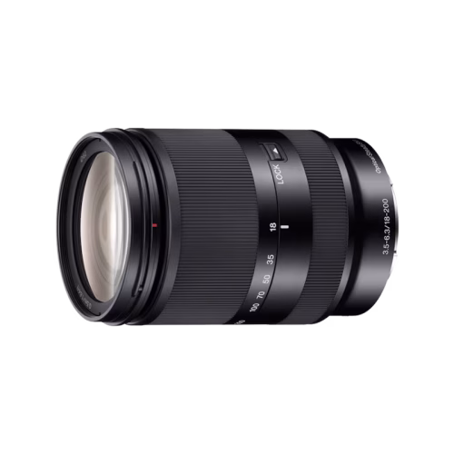 Black DSLR/mirrorless camera lens with zoom markings 18-200, wide front element visible, on a white background