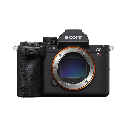 Front view of a Sony Alpha mirrorless camera body with the lens mount exposed and an orange ring around the mount.