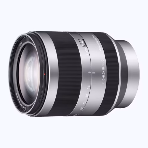 Close-up side view of a black and silver camera zoom lens with focus and zoom rings, showing markings like 18-200 and 3.5-6.3.