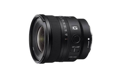 Black Sony G-series camera lens shown from the side with focus and zoom rings on a white background.