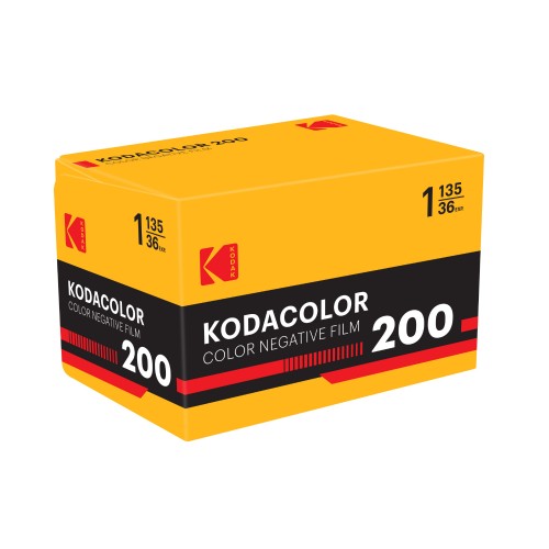 Yellow Kodak Kodacolor color negative film box, 200 exposure, with black label and red stripes.