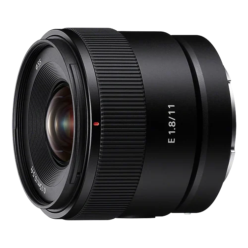 Black camera lens with textured focus ring, showing 'E 1.8/11' markings along the side, front glass visible on the left side.