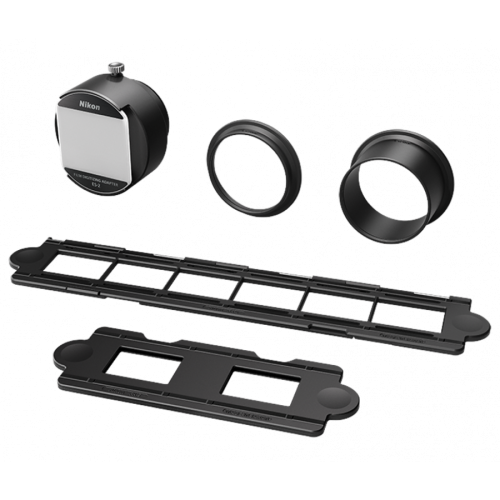 Nikon Film Digitizing Adapter ES-2 kit with the adapter unit, two lens rings, and two long rails.