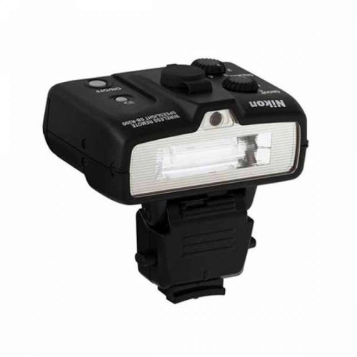 Nikon camera external flash mounted on a hot‑shoe bracket